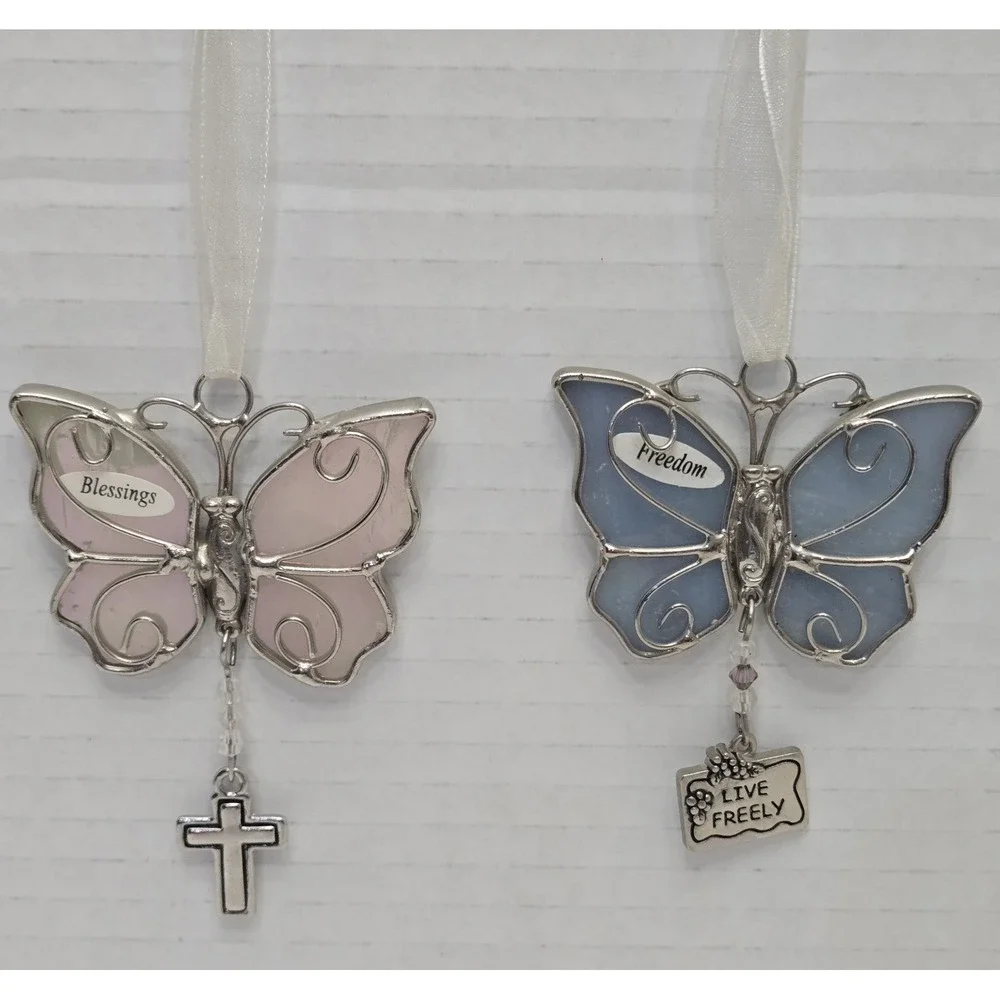 Lot of 2 Vtg Ganz Stained Glass Butterfly Ornaments Suncatcher Blessings Freedom